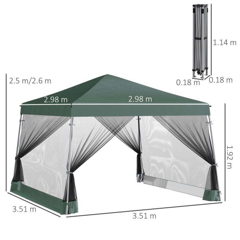 Outsunny Outdoor Garden Pop-up Gazebo Canopy Tent Sun Shade Event Shelter Folding with Adjustable Height, Mesh Screen Side Walls 3.5 M 3.5 M Base / 3 M 3 M Top, Green