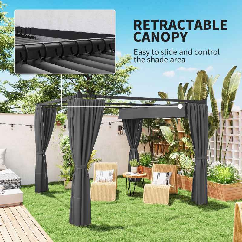 Outsunny 3 x 3(m) Pergola with Retractable Roof Canopy and Curtains, Metal Frame Garden Gazebo Outdoor Sun Shade Shelter for Grill, Patio, Deck, Charcoal Grey