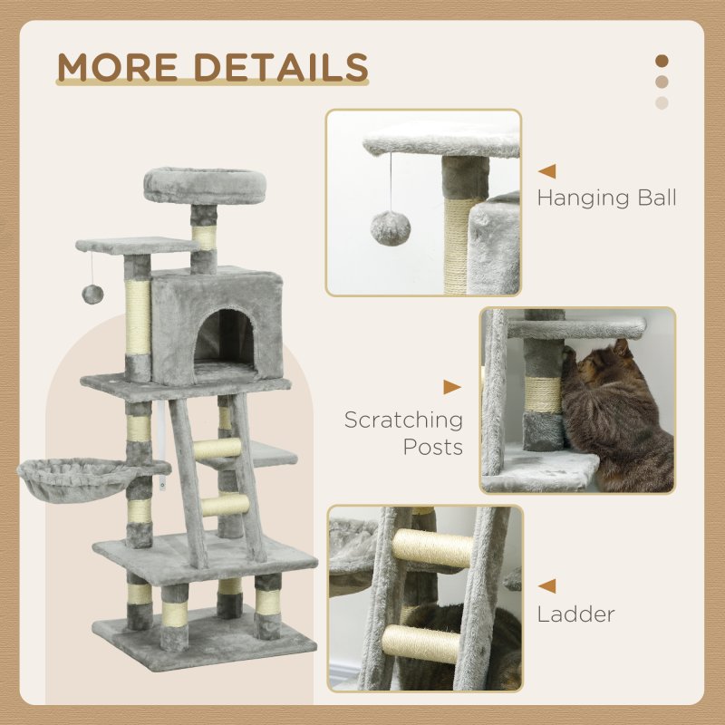 PawHut 132cm Cat Tree for Large Cats, Cat Activity Centre with Scratching Posts, Hammock, Cat House, Bed, Perches, Ladder, for Indoor Use - Grey