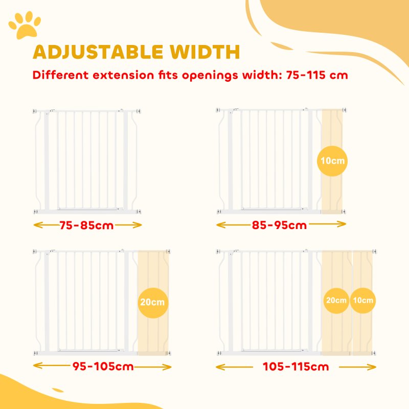 PawHut Dog Gate Wide Stair Gate w/ Door Pressure Fit Pets Barrier for Doorway, Hallway, 76H x 75-115W cm - White