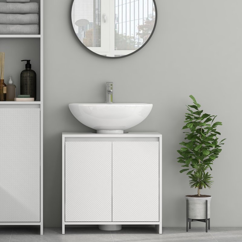 HOMCOM Under Sink Bathroom Cabinet, Freestanding Under Sink Cabinet with 2 Doors and Shelf for Basin without or with Pedestal, White
