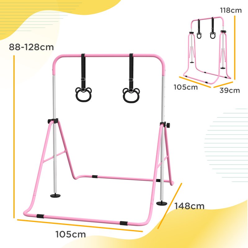HOMCOM Kids Gymnastics Bar, Horizontal Bar for Kids, Adjustable Height Folding Gymnastics Equipment with Gymnastic Rings, Non-slip Rubber Floor Rings, for Home, Flat, Pink