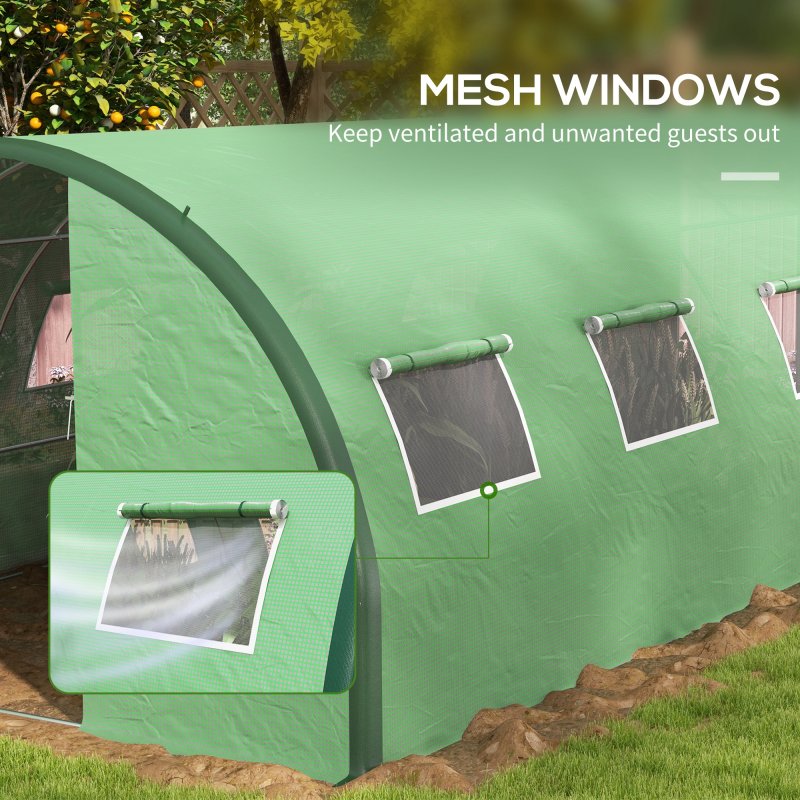 Outsunny 6 x 3(m) Walk-in Polytunnel Greenhouse with Upgraded Structure, 2 Hinged Doors, 8 Mesh Windows, Tunnel Warm House Tent with UV-resistant PE Cover, Green