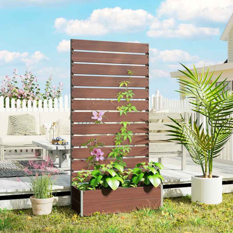 Outsunny Garden Planter with Trellis for Climbing Plants, Vines, Flowers, Freestanding Raised Bed for Garden, Outdoor, Patio, Planter Box with Drainage Gap, Light Brown