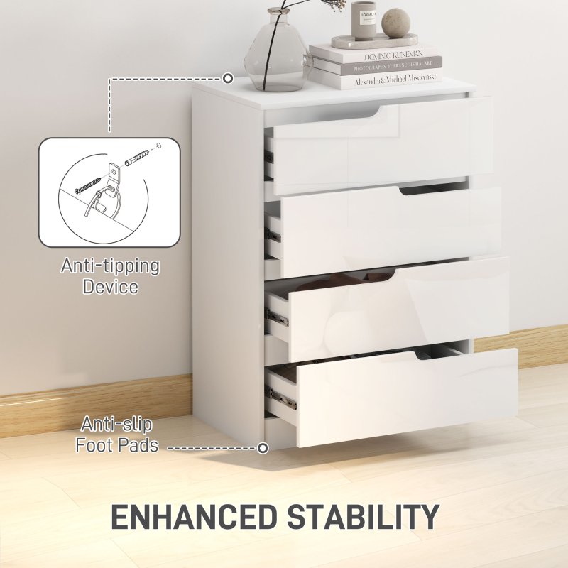 HOMCOM Modern Chest of Drawer with 4 Drawers, High Gloss Dresser for Bedroom, Living Room, 60 x 40 x 85cm, White