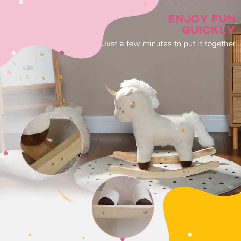 AIYAPLAY Rocking Horse, Kids Ride On Horse with Unicorn Design, Sounds, Plush Ride On Toy for Ages 2-4 Years, White