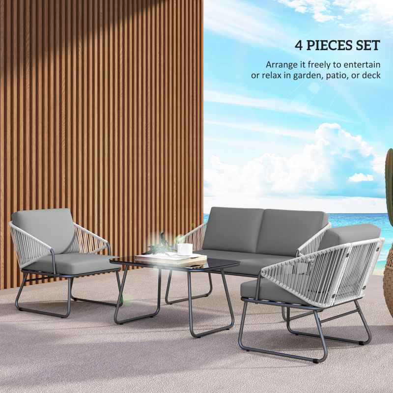 Outsunny 4 Piece Rattan Garden Furniture Set, Wicker Patio Outdoor Furniture Set with Loveseat, Armchairs, Glass Top Coffee Table and Cushions for Patio, Conservatory, Balcony, Grey