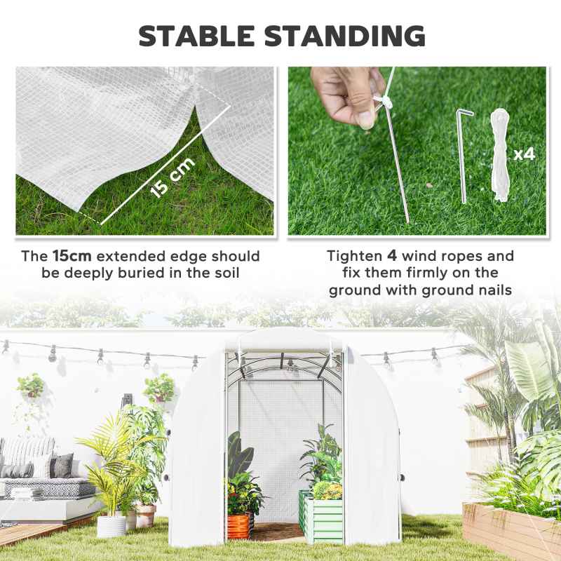 Outsunny 3 x 2 x 2m Polytunnel Greenhouse with Roll-up Sidewalls, Door and 6 Mesh Windows, Walk In Green House with UV-resistant PE Cover, White
