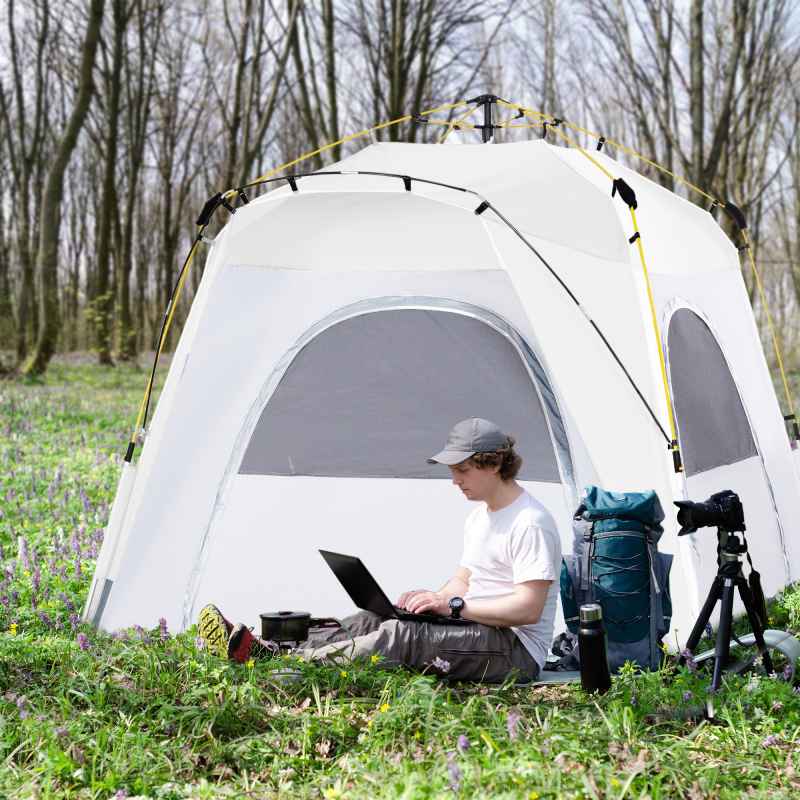 Outsunny 4 Person Automatic Camping Tent, Outdoor Pop Up Tent, Portable Backpacking Dome Shelter, Light Grey
