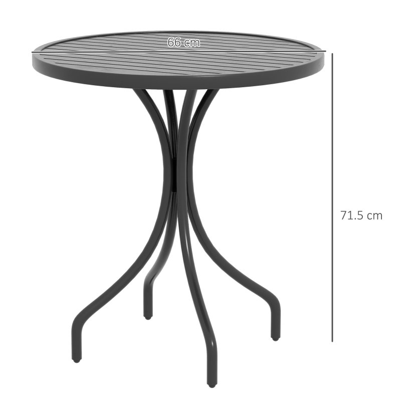 Outsunny  66cm Garden Side Table, Round Bistro Coffee Table, Outdoor Patio Table with Steel Frame and Slat Tabletop for Balcony and Porch, Black