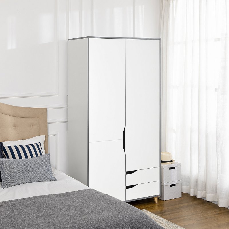 HOMCOM 2 Door Wardrobe with 2 Drawers, Storage Cupboard with Clothes Hanging Rail, Shelves and Anti-tipping Design, Modern Bedroom Furniture, White