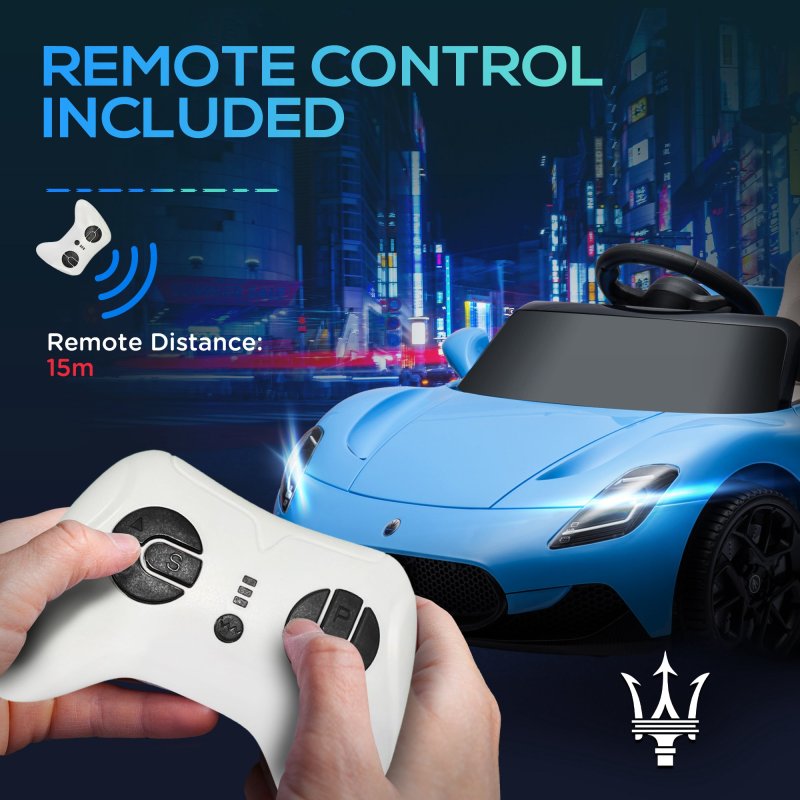 AIYAPLAY Maserati MC20 Licensed 12V Electric Car for Kids with Remote Control, Kids' Electric Ride on with Slow Start, LED Lights, Music, Horn, Spring Suspension, for 3-6 Years, Blue