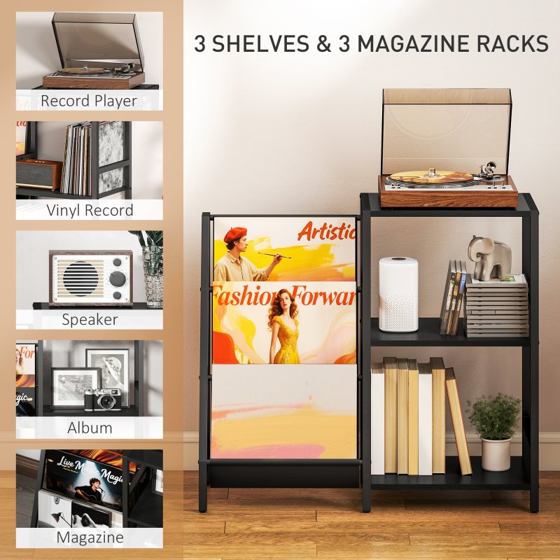 HOMCOM Record Player Stand, 3-Tier Side Table with Vinyl Record Storage, End Table with 3 Oxford Cloth Magazine Racks for Living Room, Bedroom, Black Wood Effect