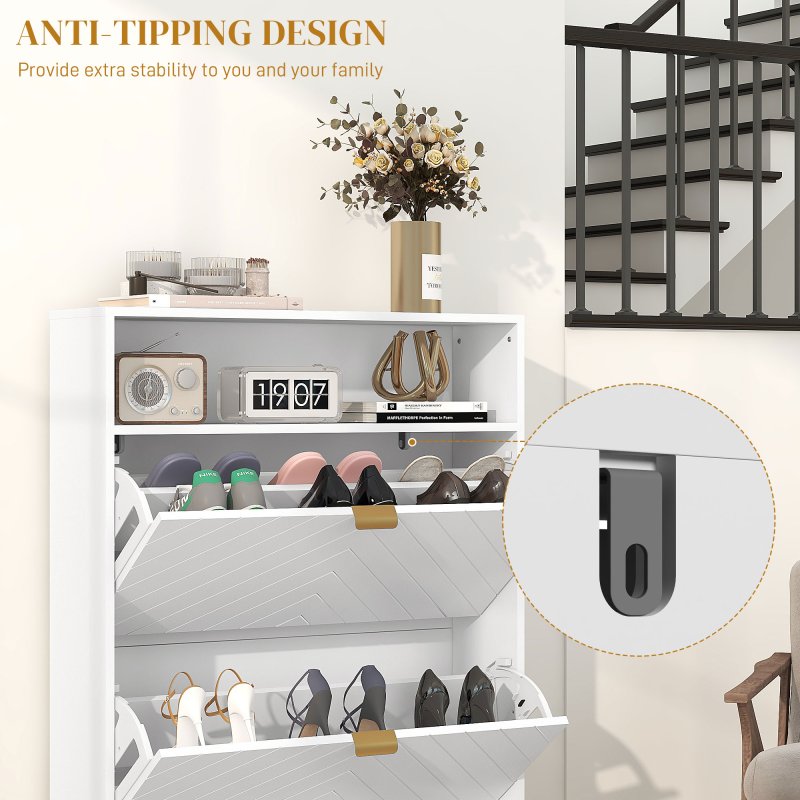 HOMCOM Narrow Shoe Cabinet with 2 Flip Drawers, Slim Shoe Storage Cabinet with Adjustable Shelves, Open Shelf, Hairpin Legs and 2 Vents for 12 Pairs of Shoes for Entryway, White