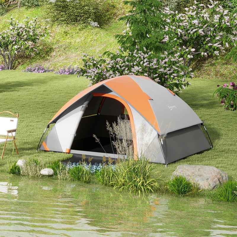 Outsunny Camping Tent, 2 Man Dome Tent, 3000mm Waterproof, with Sewn-in Groundsheet, Carry Bag and Top Hook, for Fishing Hiking Festival, Grey and Orange