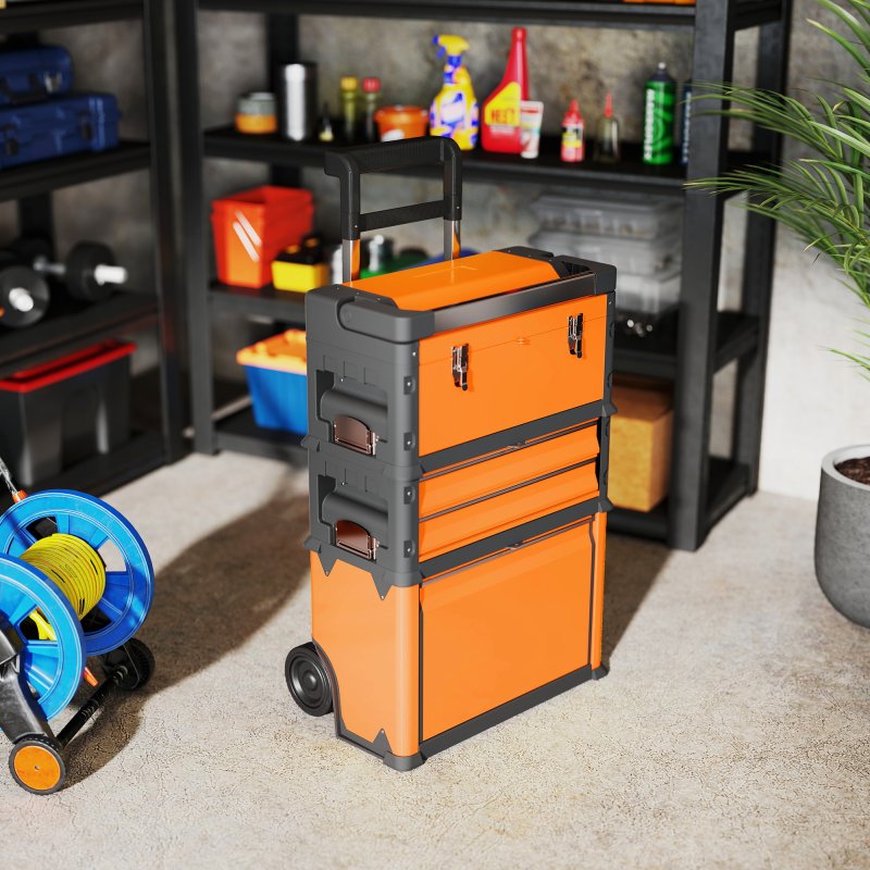 HOMCOM 3-in-1 Rolling Tool Box, Stackable, Modular Powder Coated Steel Toolbox with Tray, Handles, Latches, Wheels, Heavy Duty Tool Storage System for Workshop, Garage, 520mm x 320mm x 720mm, Orange