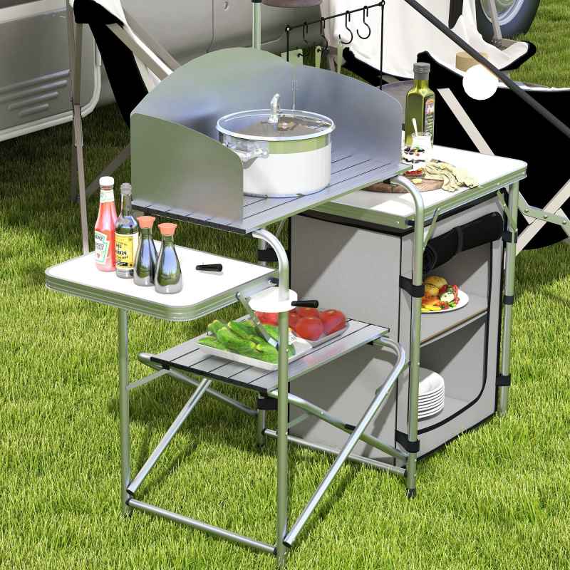 Outsunny Camping Kitchen with Storage Cupboard, Folding Camping Table, Aluminium Portable Picnic Table with Windshield, Light Stand, Carrying Bag for BBQ, Silver