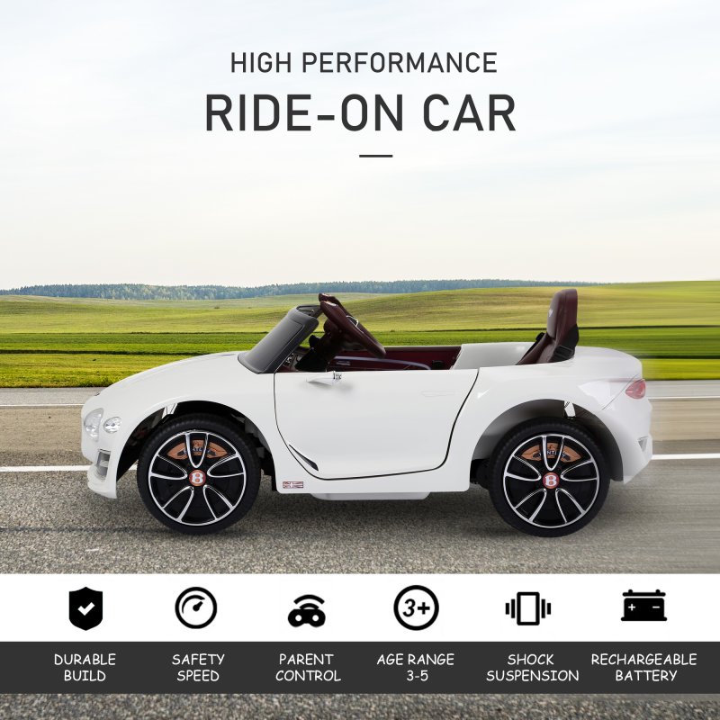 HOMCOM Bentley GT Licensed 12V Electric Car for Kids, Kid's Electric Ride on with Remote Control, Ride on Car with LED Lights, Music, for 3-5 Years, White