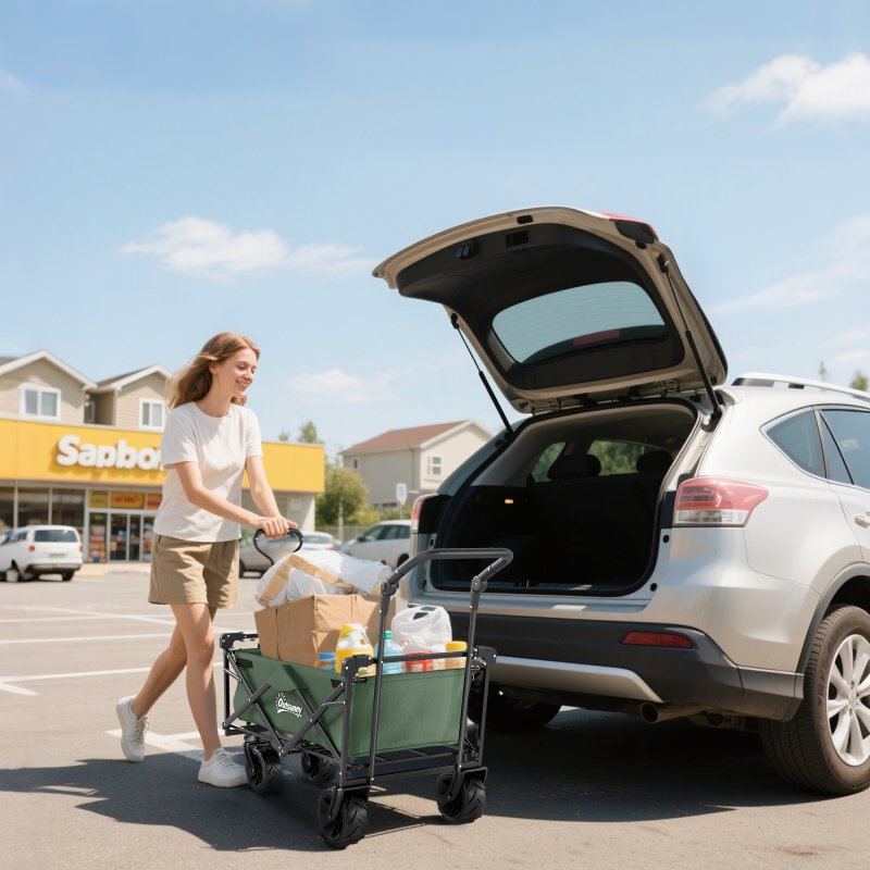 Outsunny 120L Festival Trolley on Wheels, Folding Camping Trolley Cart with Removable Canopy, All-Terrain Wheels, Adjustable Handle and Side Pockets for Garden Beach Fishing Shopping, Green