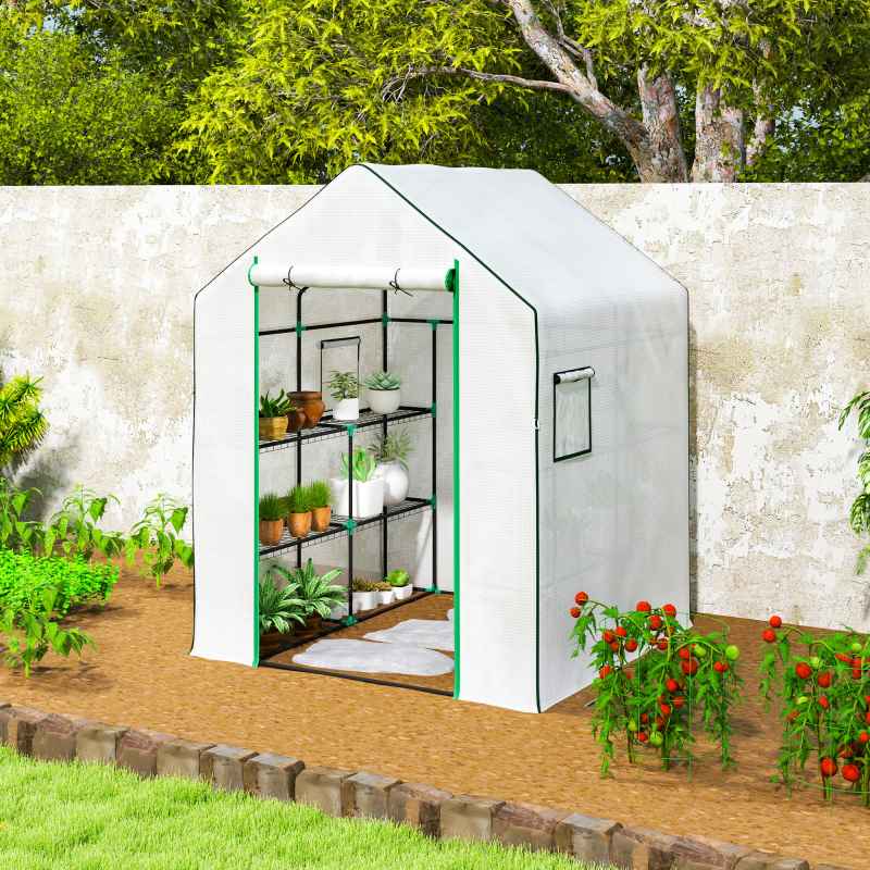 Outsunny Walk-in Greenhouse with 3 Tier 8 Shelves, Small Greenhouse with Reinforced PE Cover, Garden Plant Growhouse with Roll-up Door and Three Mesh Windows, 140 x 143 x 190 cm, White