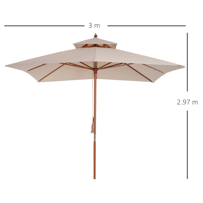 Outsunny 3 x 3 (m) Garden Parasol Umbrella, Large Square Outdoor Patio Sunshade Canopy with Double Tier, 48 mm Wooden Pole, 8 Ribs for Balcony, Beige