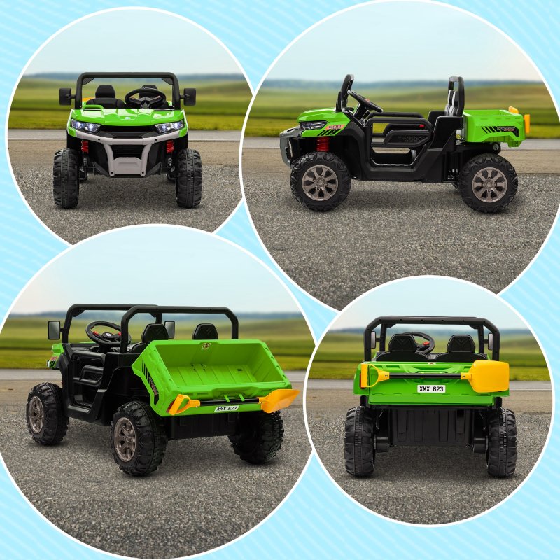 HOMCOM 2 Seater Kids Ride On Car with Electric Bucket, 12V Battery Powered Electric UTV with Shovel, Parental Remote, 4 Spring Suspension Wheels, Working Horn, Music - Green