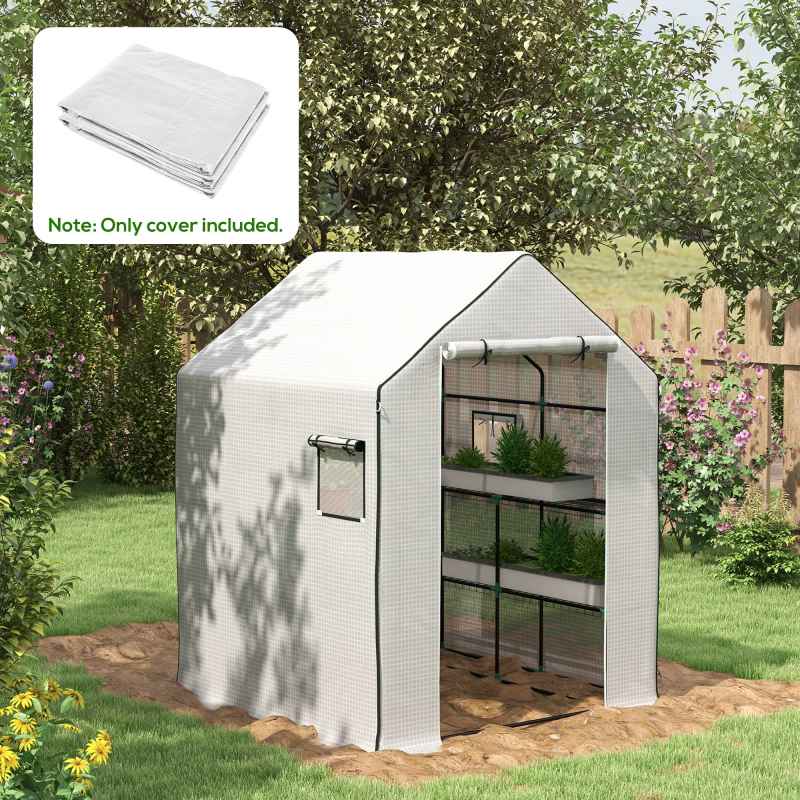 Outsunny Walk-in Greenhouse Cover Replacement with Roll-up Door and Mesh Windows, Reinforced PE Hot House Cover, COVER ONLY, 140 x 143 x 190cm, White