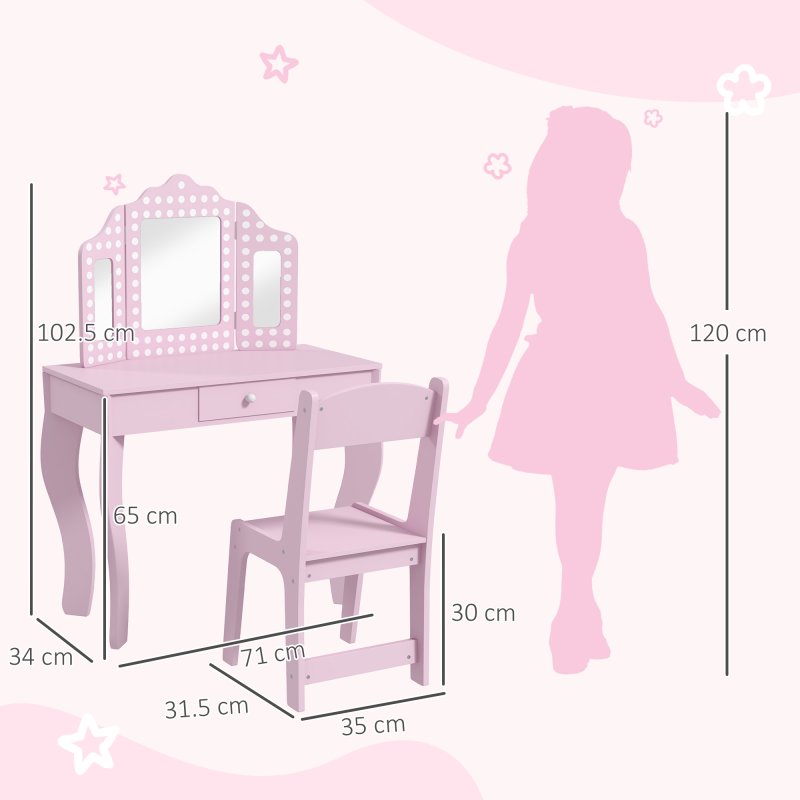 AIYAPLAY Kids Dressing Table with Tri-Fold Mirror and Stool, Kids Vanity Table, Girls Make up Desk with Drawer, for Aged 3-8 Years Old - Pink
