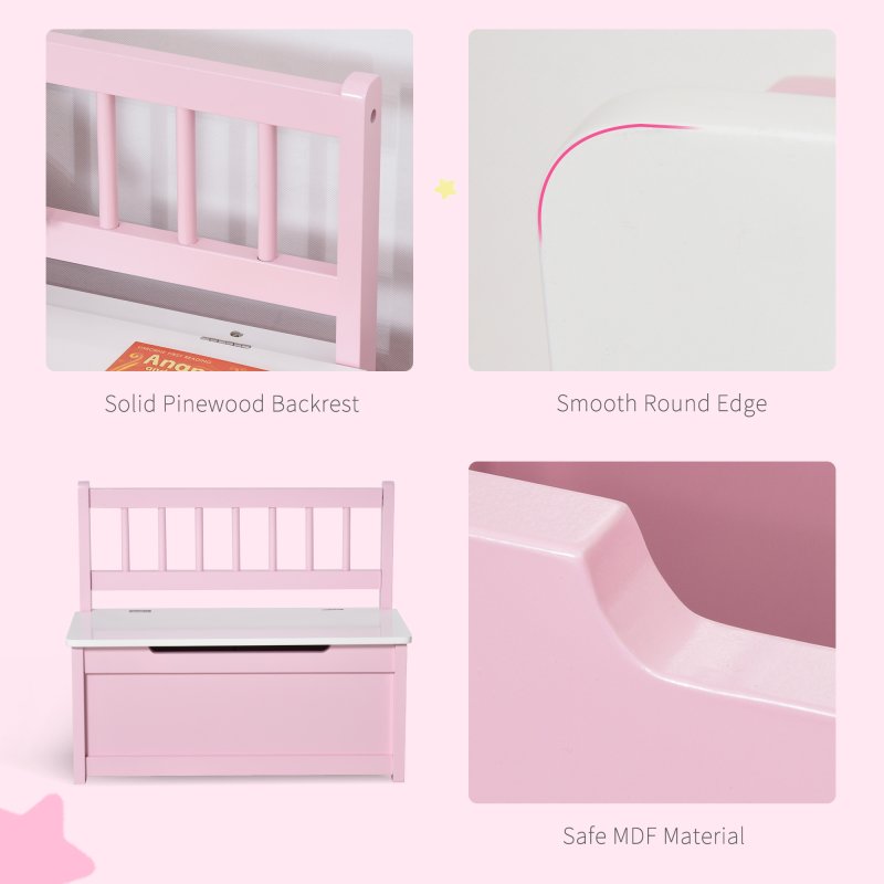 HOMCOM 2 In 1 Wooden Toy Box, Kids Seat Bench Storage Chest Cabinet Organiser w/ Safety Pneumatic Rod, 60 x 30 x 50cm - Pink