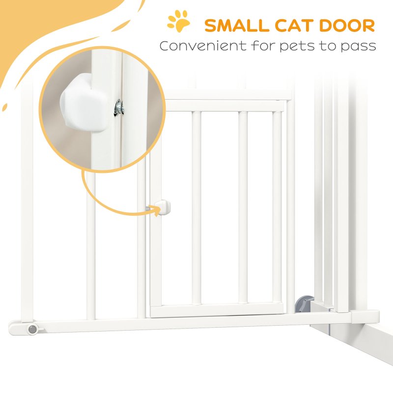 PawHut Dog Stair Gate Pet Barrier with Small Cat Door, Pressure Fit Safety Gate  with Auto Closing System, Double Locking, for Hallways - White