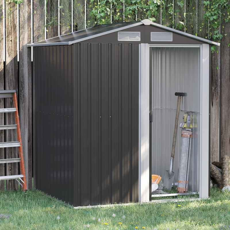 Outsunny 5ft x 4ft Garden Shed, Metal Tool Storage Shed with Sliding Door, Sloped Roof and Foundation Kit for Garden, Patio, Lawn, Grey
