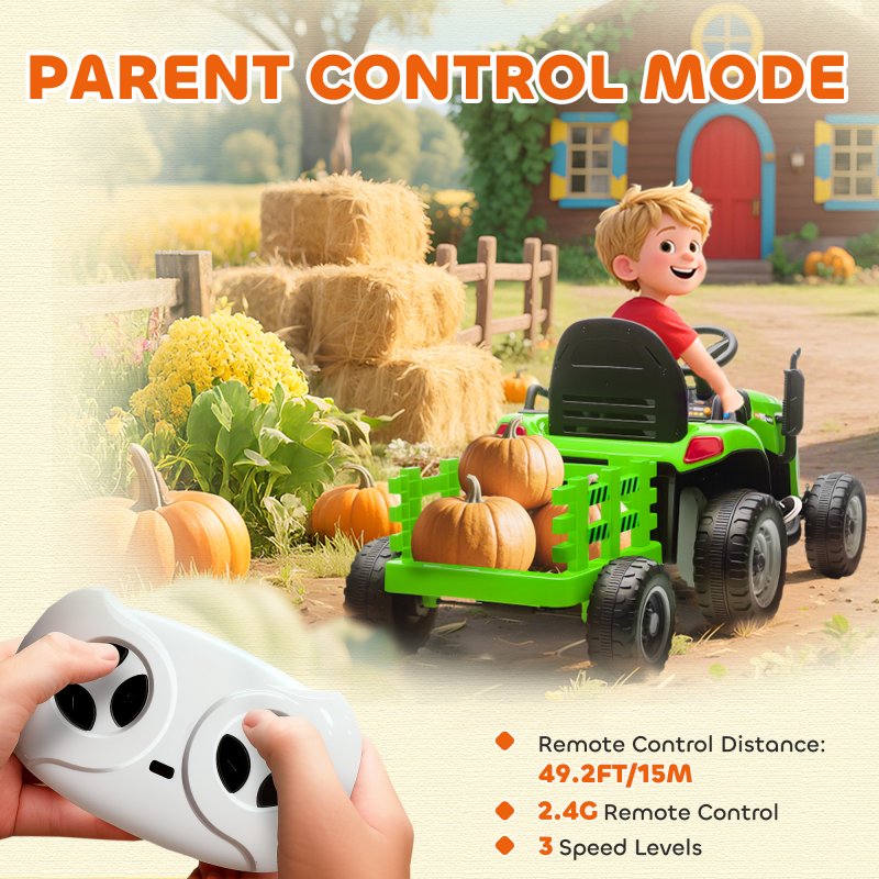 AIYAPLAY Ride on Tractor with Trailer, 12V Electric Vehicle with Remote Control, Ride on Car for Kids with Music, Shifter, Start-Up Sound for Ages 3-8 Years, Green