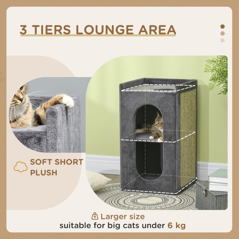 PawHut 2 Layer Cat House, Cat Beds for Indoor Cats with Scratching Pad, 81cmH, Grey