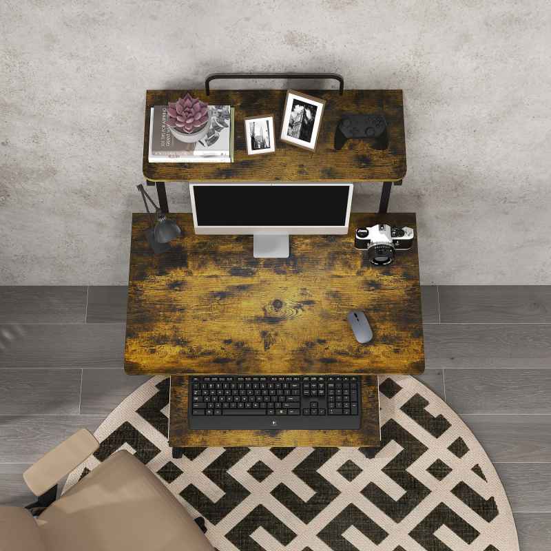 HOMCOM Mobile Computer Desk with Keyboard Tray, Rolling Study Table with Storage Shelves and Wheels, Industrial Writing Desk for Home Office, 80 x 50 x 130cm, Rustic Brown