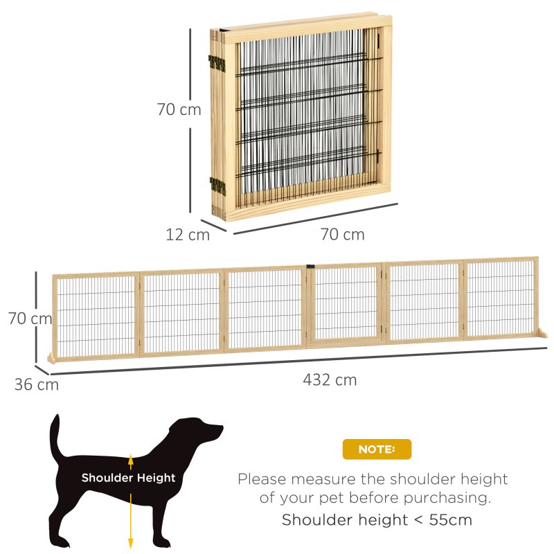 PawHut Freestanding Pet Gate, 6 Panel Foldable Playpen, Wooden Dog Gate with 2 Support Feet, for Stairs, Doorway - Natural Tone