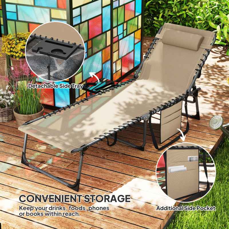 Outsunny Folding Sun Lounger with Side Table, 5-Level Adjustable Reclining Sun Lounger Chair, Portable Garden Recliner Sunbed with Side Pocket, Head Pillow for Patio, Beach, Beige