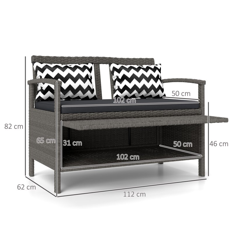 Outsunny 2 Seater Garden Storage Bench with 160L Capacity, PE Rattan Garden Bench with Storage, Wicker Outdoor Bench Loveseat with Cushion, Pillows and Steel Frame for Patio, Grey