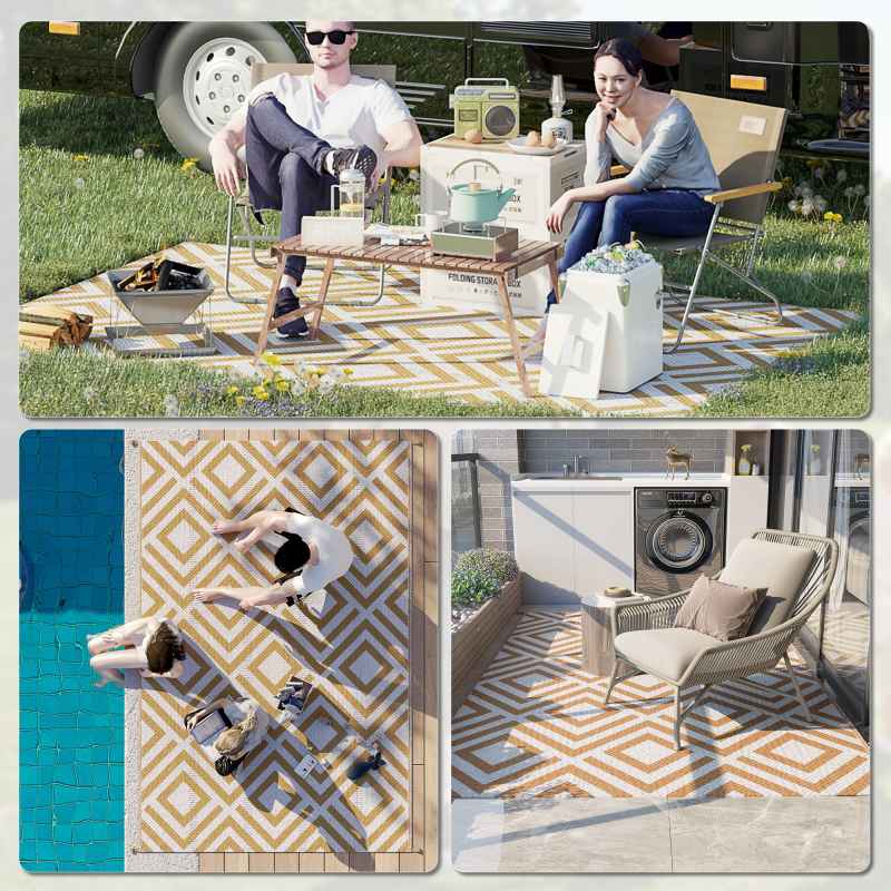 Outsunny Reversible Outdoor Rug with Carry Bag, Waterproof Plastic Straw Mat for Garden, Deck, RV, Picnic, Beach, Camping, 182 x 274cm, Brown