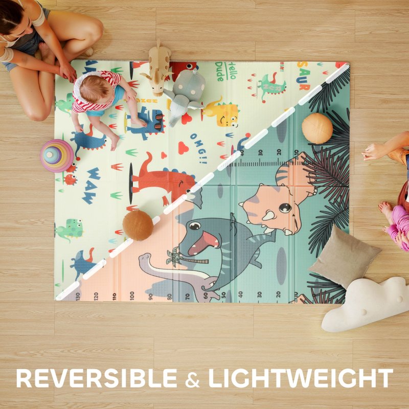 AIYAPLAY Baby Play Mat Double Sided, Foldable & Reversible Activity Playmat, Waterproof Kids Foam Crawling Mat for Outdoor Indoor Playtime Picnics, 177 x 146 x 1.5cm, Dinosaur Theme
