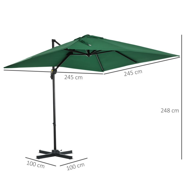 Outsunny 2.5 x 2.5m Patio Offset Parasol Umbrella Cantilever Hanging Aluminium Sun Shade Canopy Shelter 360 Rotation with Crank Handle and Cross Base, Green