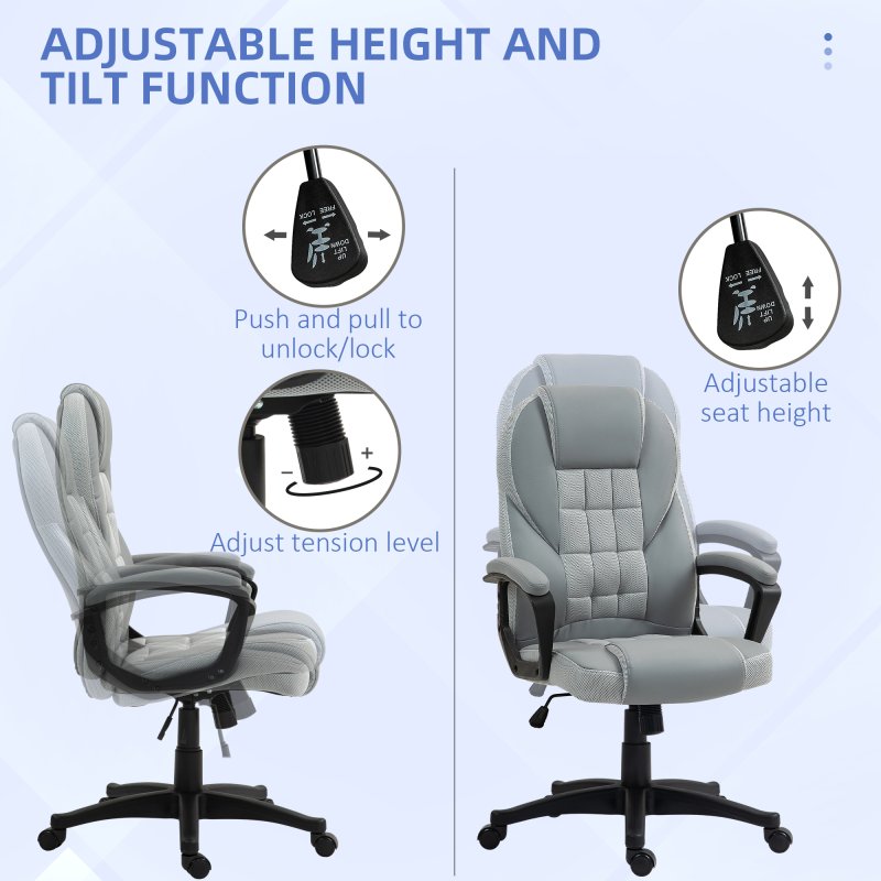 HOMCOM Executive Office Chair, PU Leather High Back Desk Chair, Swivel Computer Chair with Adjustable Height and Tilt Function, Grey