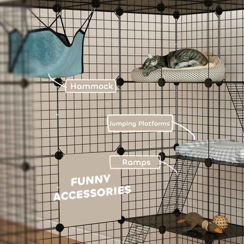 PawHut Cat Cage Indoor, DIY 4 Tier Wire Cat Enclosure with Hammock, Ramps, Doors, Jumping Platforms, Detachable Catio Indoor for 1-3 Cats, 105 x 105 x 140 cm, Black