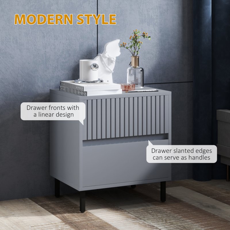 HOMCOM Bedside Table, Side Table with 2 Drawers, Bedside Cabinet with Storage and Steel Legs for Bedroom, Living Room, Grey
