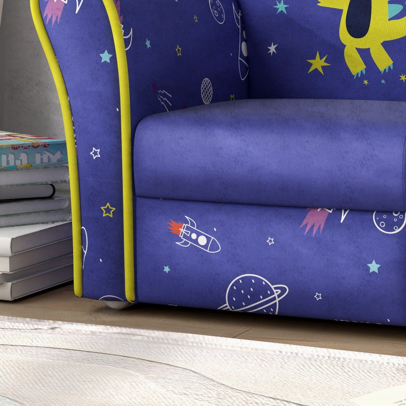 AIYAPLAY Kids Sofa Chair, Toddler Armchair with Planet and Dinosaur Design, Wooden Frame, Upholstered Toddler Chair for Bedroom, Playroom, Kids Room - Blue