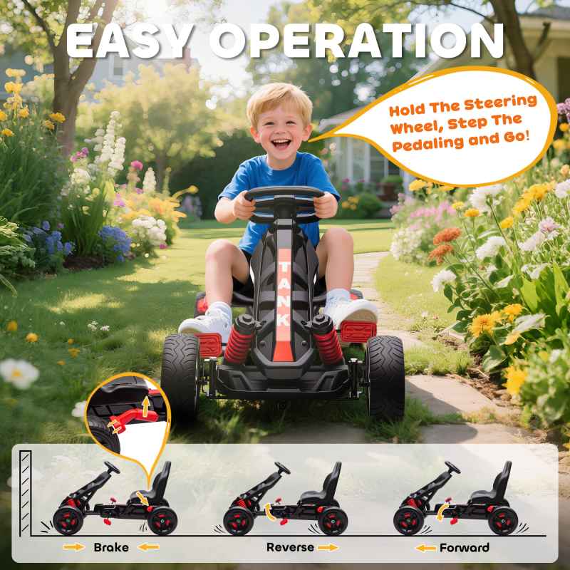 AIYAPLAY Pedal Go Kart, Ride on Racer with Freewheel System, Brake, Non-Slip EVA Wheels, Metal Frame, Go Kart for Kids Ages 3-6 Years, Red