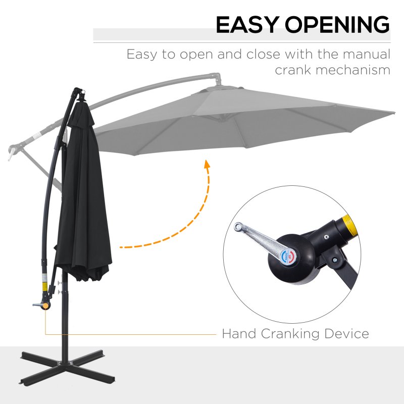 Outsunny 3(m) Garden Banana Parasol Hanging Cantilever Umbrella with Crank Handle, 8 Ribs and Cross Base for Outdoor, Sun Shade, Black