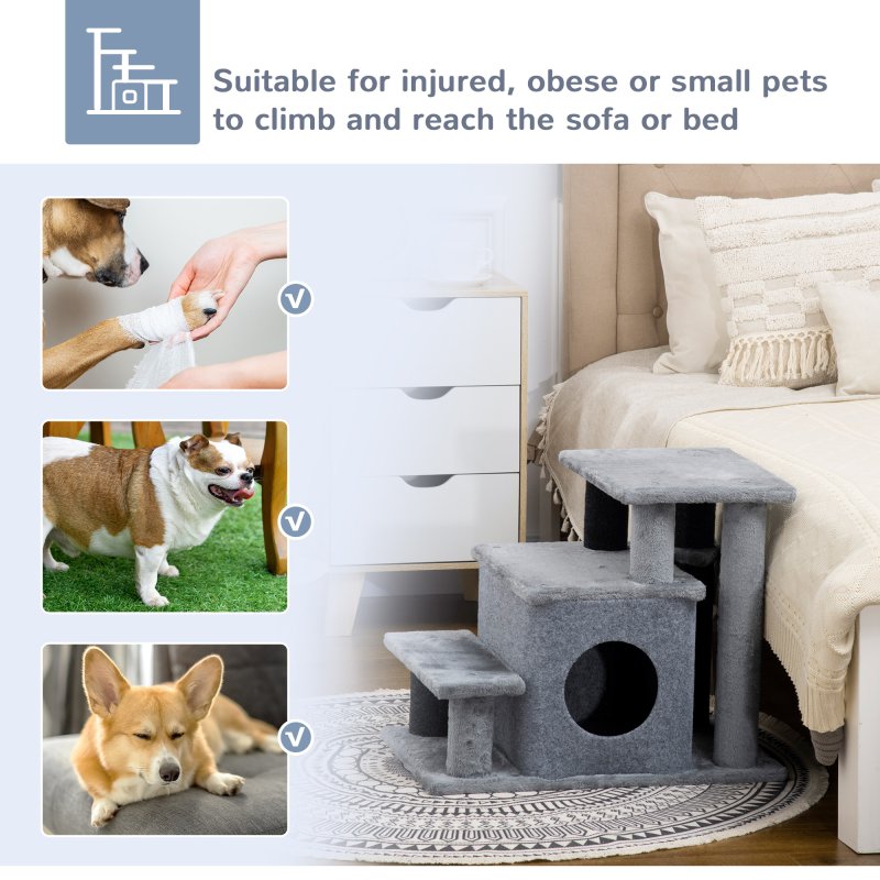 PawHut Dog Steps for Bed, 4 Step Pet Stairs with Cat House, Detachable Cover, Jute Scratching Post, Cat Climb ladder for Sofa w/ Hanging Balls  - Grey