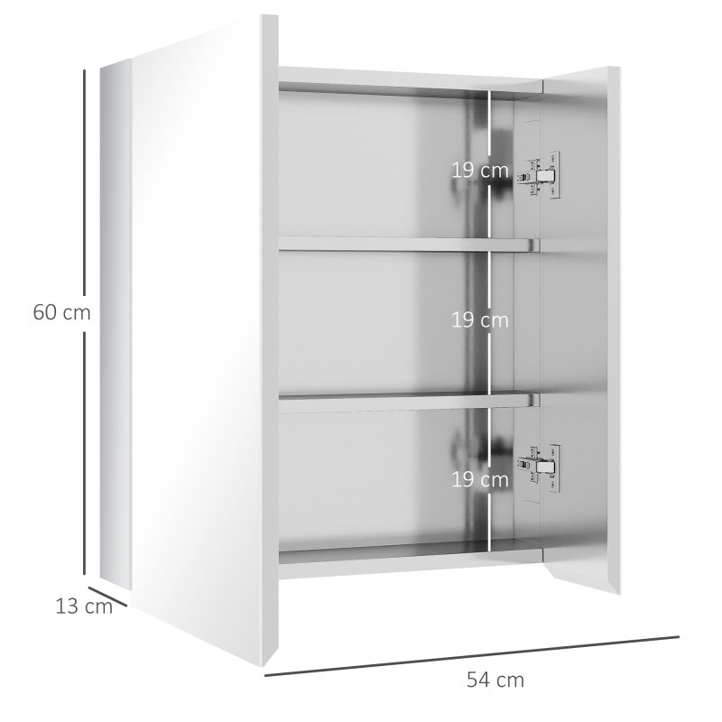 kleankin Bathroom Mirror Cabinet, Stainless Steel Wall-Mounted Bathroom Storage Cabinet with 2 Hinged Doors and Shelves for Laundry Room, 54W x 60Hcm, Silver