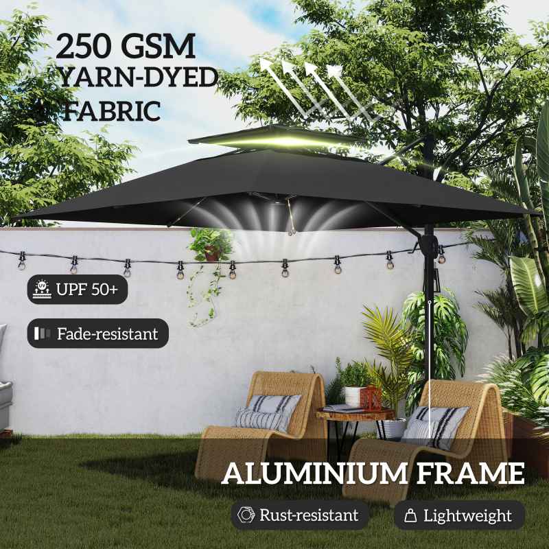 Outsunny 3.5x3 m Garden Cantilever Parasol with Solar LED Lights and Centre Light, UPF50+ Aluminium Patio Umbrella with 360 Rotation and Tilt, Hanging Sun Shade with Cross Base, Crank Handle, Black