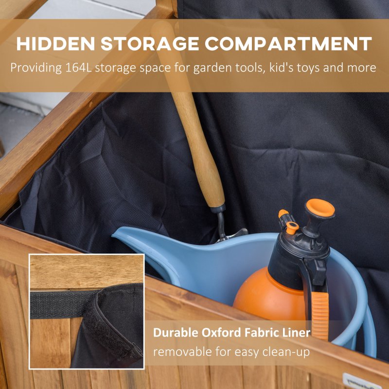 Outsunny 2 Seater Garden Storage Bench, 164L Outdoor Storage Box with Backrest Flower Pattern, Wooden Garden Bench with Armrests, 125 x 68.5 x 97cm, Natural